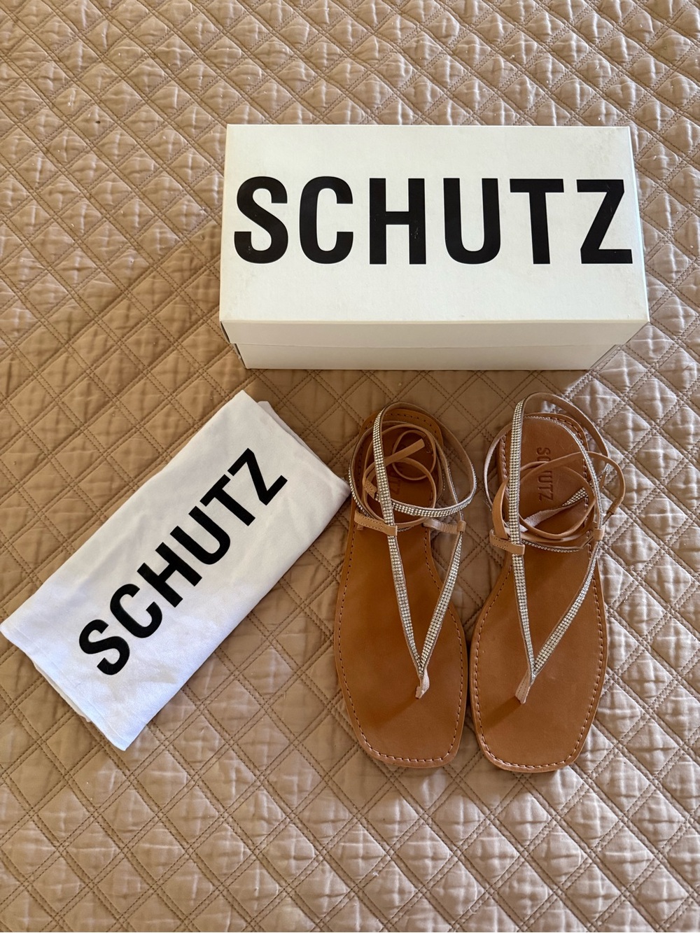 Schutz Abdula Crystal and Honey Leather  Thong Wrap Sandals, Size 8.5.